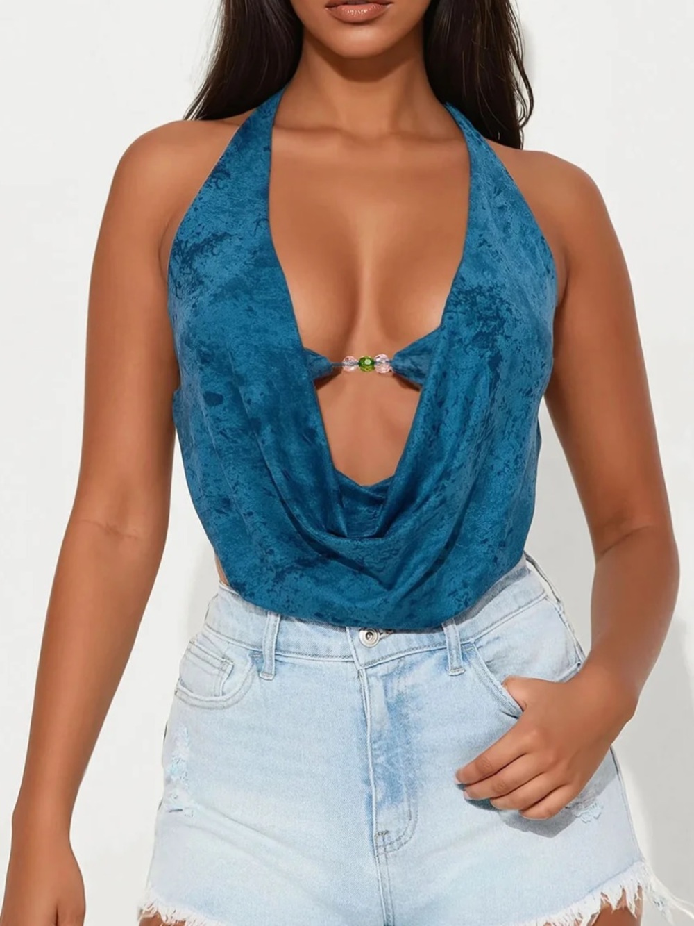 Halter Cowl Neck Crop Top with Jewel Accent - Blue